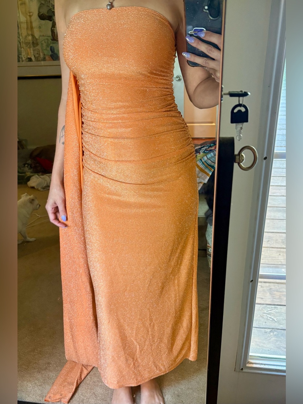 SHEIN Glitter Orange One-Shoulder Ruched Gown